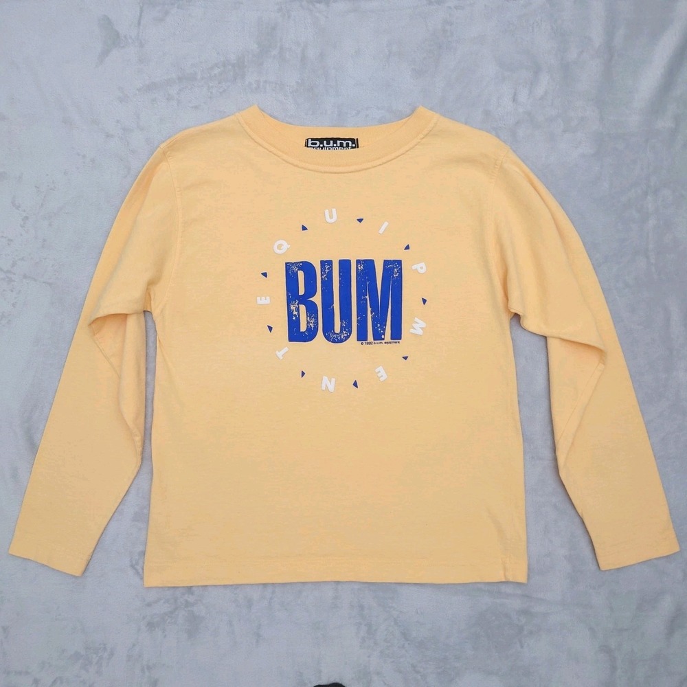 Vintage B.U.M Equipment Long Sleeve T Shirt Womens S Yellow Ski Bum Graphic Boxy